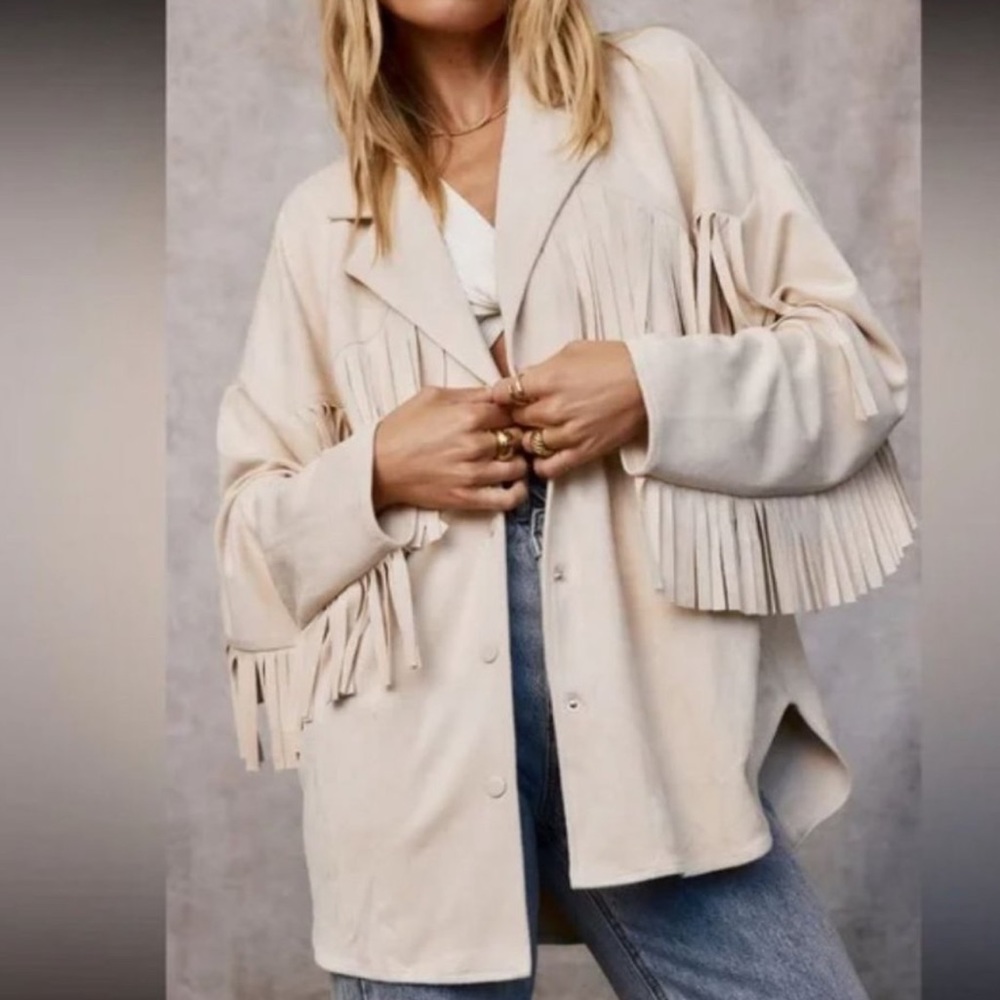 12th Tribe Cream Fringe Leather Jacket